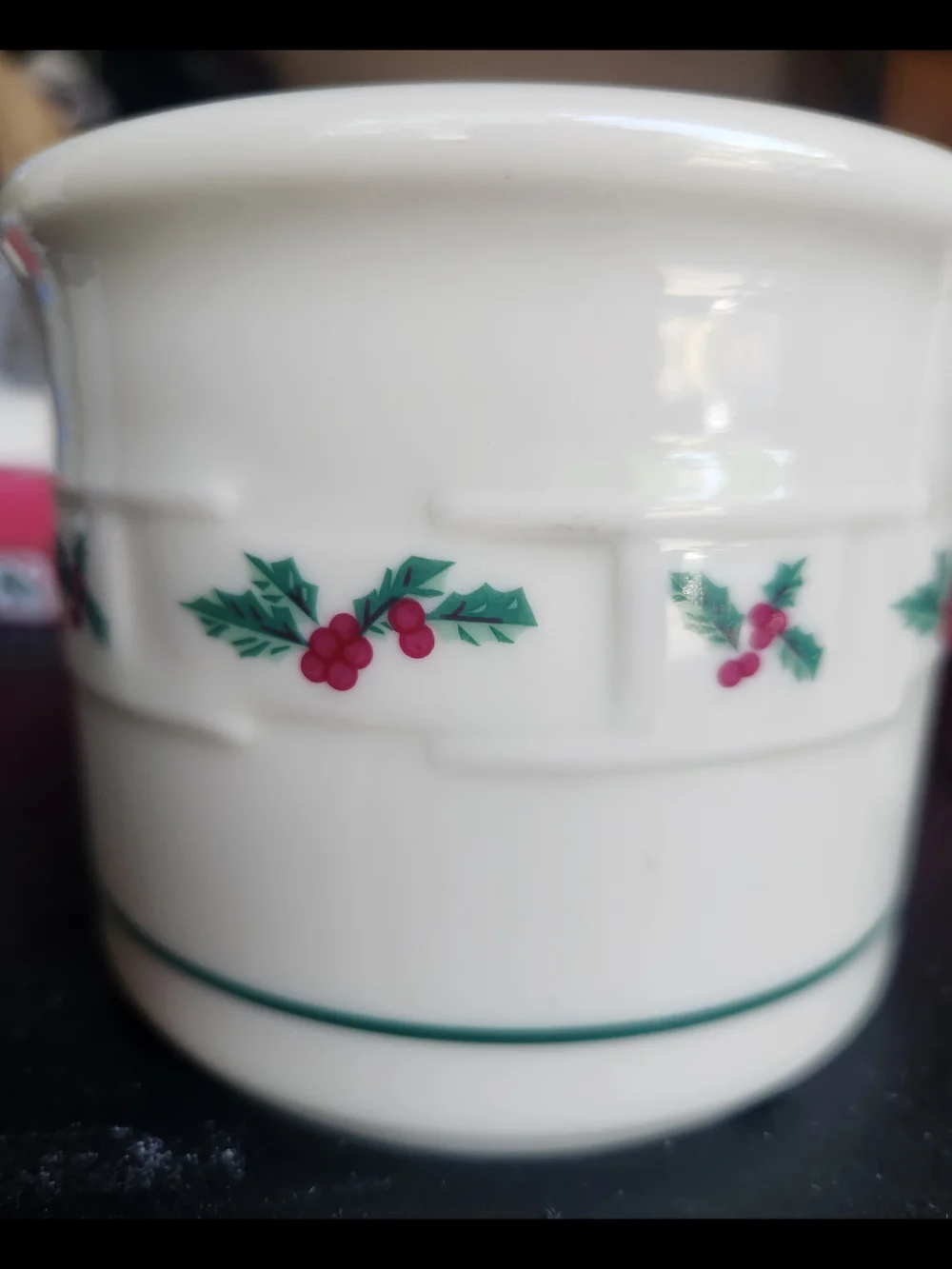 2 Longaberger Pottery One Pint Crock Woven Christmas Traditional Holly & Berries